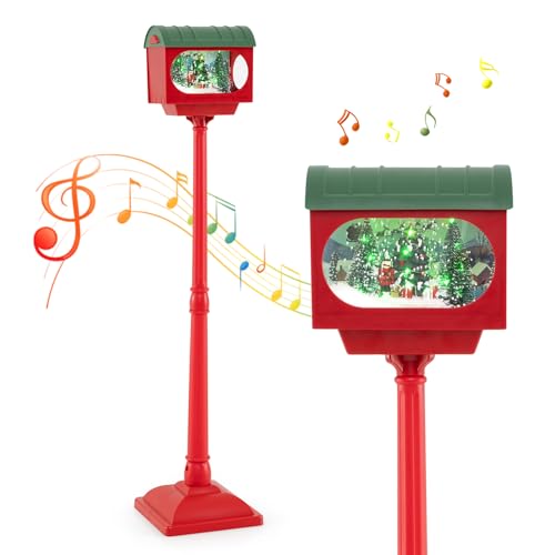 Image of COSTWAY Christmas Street Lamp, Musical Festive Lamp Post with LED Lights, Snowy Effects and Santa Scene, Snowing Santa Lamp for Home, Doorway and Porch (150cm, Mailbox Shaped, Red)