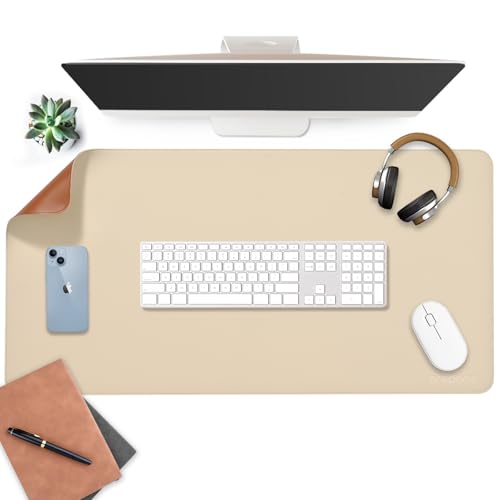 Image of Aropana Vegan Leather Desk Mat 90x45cm | Large Reversible Mouse Pad & Computer Table Protector | Dual-Side Waterproof Extended Laptop Pad with Edge-Stitched Design (White and Coffee)