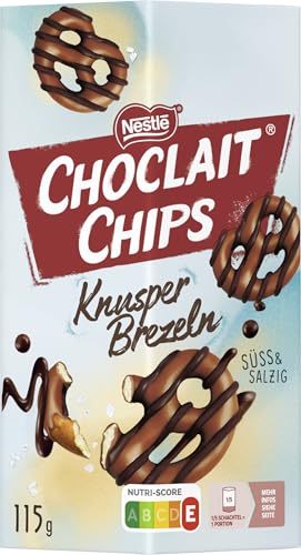 Nestlé CHOCLAIT CHIPS Knusper Brezeln, knackige Salzbrezeln umhüllt von Milchschokolade und verfeinert mit Dekorstreifen aus dunkler Schokolade, 1er Pack (1 x 115g)