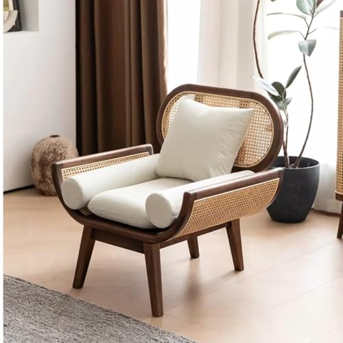 Image of Modern Rattan Cane Sofa with Curved Arms Wooden Frame, Beige Cushions and Throw Pillows Sofa for Living Room, Bedroom, Hallways (3+1+1 Seater)