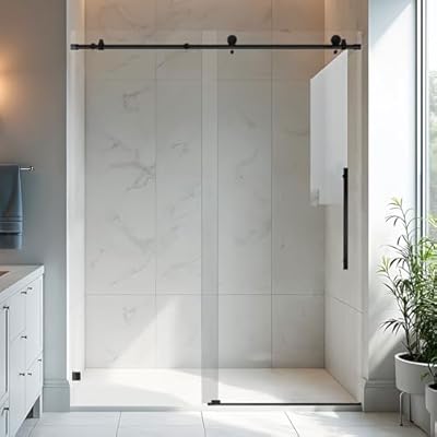 BoBliss Frameless Sliding Glass Shower Door, 56-60" W x 76" H, 5/16" (8mm) Clear Tempered Glass Bathroom Sliding Door, Stainless Steel Hardware, Matte Black Finish