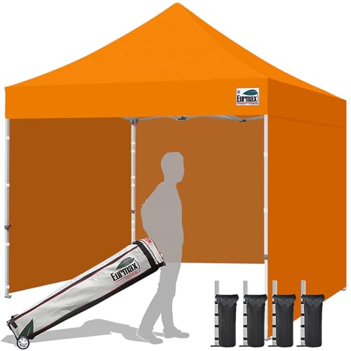 Image of Eurmax USA 10x10 Pop Up Canopy Tent,Commercial Tent with Patented No-Tip Rolling Bag,4 Zippered Removable Walls,UV & Water Resistant Canopy Top,Heavy Duty Outdoor Gazebo,Instant Shelter(Orange)
