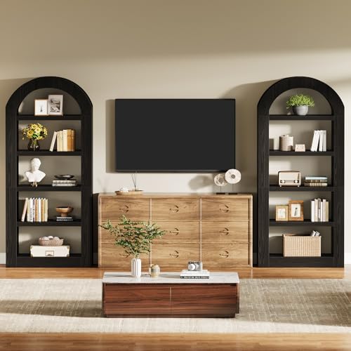 Image of Tribesigns 70.9'' Tall Arched Bookshelf with Storage, 5-Tier Wooden Open Bookcase Display Shelves Organizer for Living Room, Bedroom, Library, or Office, Black, 2PC