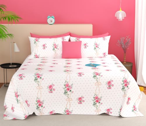 Image of SANMARINO 210TC Cotton King Size Bedsheet with 2 Pillow Covers | Premium Floral Print Design Flatsheet |Ultra Soft Breathable Skin Friendly Bedding Set for All Season Use 90 x 100 Inch,Rose Pink