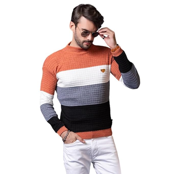 wear lusso Men's Woolen Sweater Regular Fit for Winter Wear | Round Neck Full Sleeve Striped Sweater | Warm and Stylish Winter Sweater-picture-53