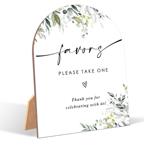 Greenery Favors Sign, Wedding Ceremony Signs, 6 x 8 Inch Arch Wooden Tabletop Sign with Stand, Wedding Reception Decoration Supplies (PZ11)