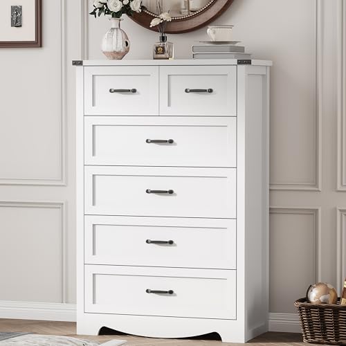 Image of Dresser for Bedroom with 6 Drawers, 49 inch Tall Wood Chest of Drawers with Deep Drawers & Mental Handle, Modern Dresser TV Stand, Wooden Closet Storage Organizer for Living Room, Hallway, Entryway, White