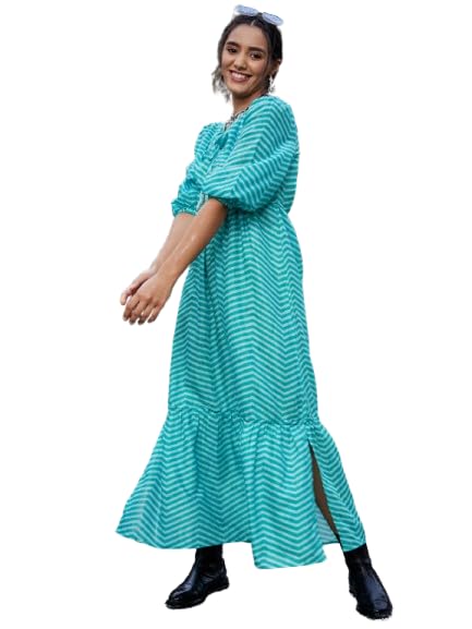 Athena Lifestyle Women and Girls Polyester Regular Fit and Flare Tie-up Stripes Maxi Full-Length Green Casual Dress