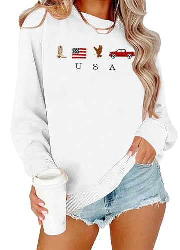Image of LAZYCHILD USA Sweatshirt Women American Flag Shirt Patriotic TShirt Stars Stripes Pullover 4th of July Tee Tops