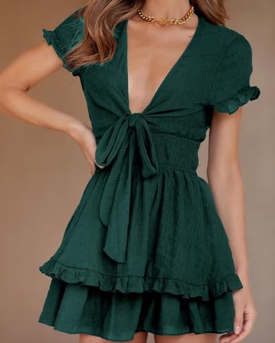 PRETTYGARDEN Women Summer Mini Short Dress 2025 Short Sleeve Casual Beach Vacation Sundress V Neck Tiered Sun Dresses