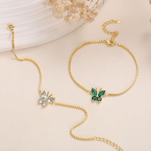 Image of Butterfly Birthstone Bracelets for Women Teen Gifts 14K Gold Plated Butterfly Oval 1-12 Birthstone Bracelet Jewelry Christmas Valentines Day Birthday Gifts for Teens