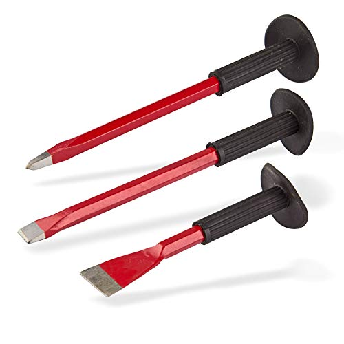 DEMA Handmeißel Set 3-tlg. Flachmeißel Spitzmeißel mit Handschutz Meißelset für Stein- Beton- und Metallbearbeitung