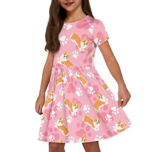 Image of Girls Dress with Pockets Basic Short Sleeve High Waist Swing Skater Dress School Party Dress for Kids