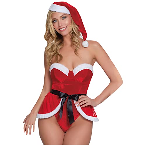 Women Lingerie Set Christmas Red Santa Teddy Bodysuit Dress Spaghetti Tube Bodice Split Hem Skirt Body Bow Babydoll for Sex