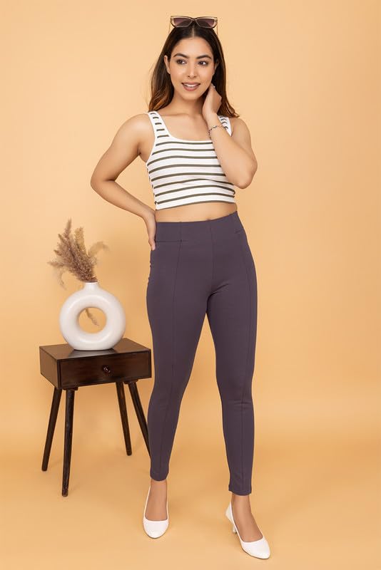 Image of Mlada Slim Fit Jeggings with Elastic Waist Band for Women Office Work Formal Wear Trousers Stretch Cotton Knit High Waist Skinny Fit Jeggings Lycra Pants Travel Comfort Jeggings
