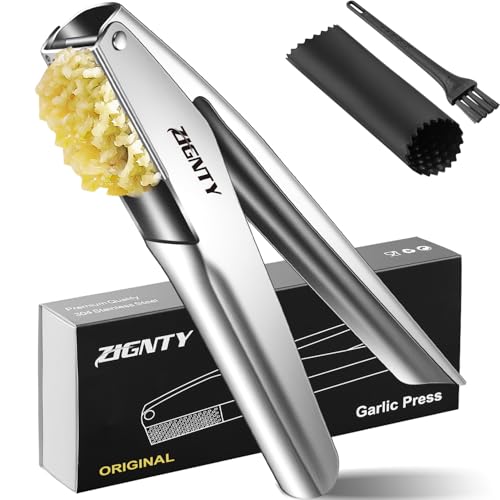 Comparison: Best Stainless Steel Garlic Press 8 ZIGNTY Garlic Press Stainless Steel,Premium Garlic Mincer Tool,No Need to Peel Garlic Ginger Crusher & Masher Easy Squeeze Large Trough Ergonomic Handle,Rust Proof,Dishwasher Safe (5 Years Warranty)