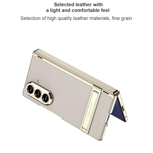 Image of Midkart Magnetic Case Compatible with Samsung Galaxy Z Fold 7 Release 2025 Hinge Protection Leather Cover with Stand Electroplated Camera Protection, Beige & Gold