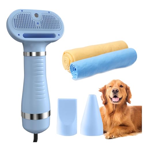 Spazzola Asciuga Cani, 4 in 1 Con Spazzola, 3 Impostazioni Temperatura Regolabile Soffiatore Cani, E Panno Super Assorbente per Cani e Gatti,blue