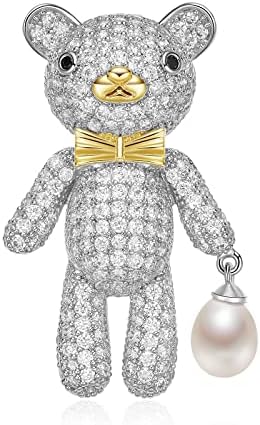 GN PEARL Pearl Little Bear Brooches with Sparkling Cubic Zirconia, Brooch Pins Fashion Accessories Gifts for Wedding Bride Corsage, Freshwater Cultured Pearls White Pearl 6-7mm