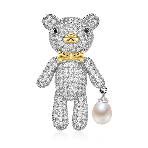 Gn Pearl Pearl Little Bear Brooches With Sparkling Cubic Zirconia, Brooch Pins Fashion Accessories Gifts For Wedding Bride Corsage, Freshwater Cultured Pearls White Pearl 6-7Mm #TOP1
