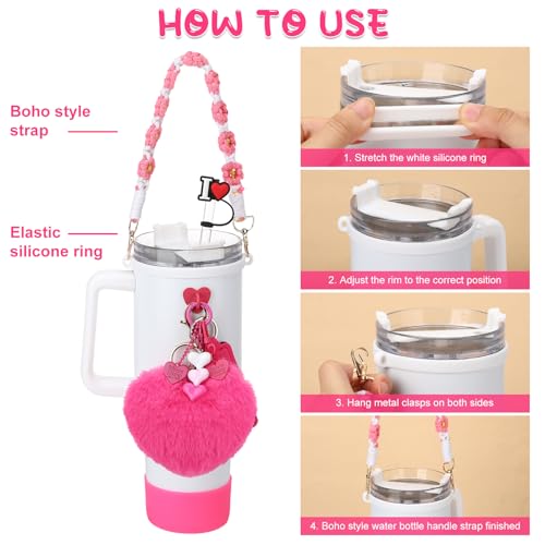 Ovveroche 13 Pcs Hot Pink Cup Accessories Set Compatible with Stanley Tumbler Including Water Bottle Handle Strap Silicone Boot Lipstick Case Keychains Heart-shaped Hook Silicone Straw Covers Stickers