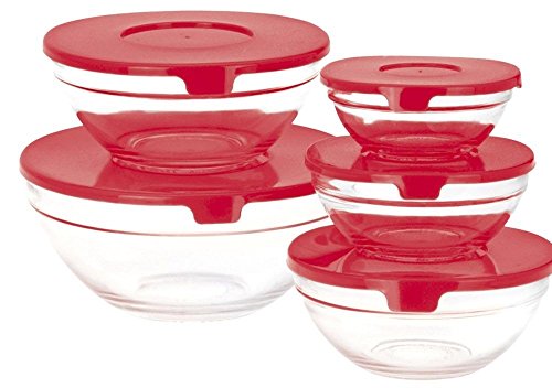 Ensemble de 5 saladiers en verre avec couvercles rouges, bleus, roses ou verts Red Cover