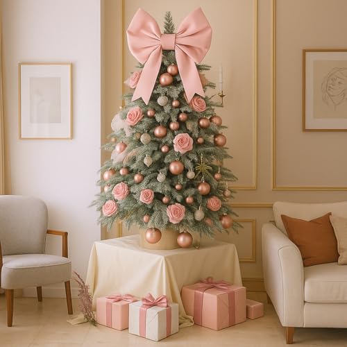Leinuosen Large Pink Bow Christmas Tree Topper 30 x 31 Inch Pink Bow Christmas Tree Decor Big Coquette Bowknot Twist Tie Wreath Wall Hanging Decorations for Xmas Wedding Bridal Shower Birthday
