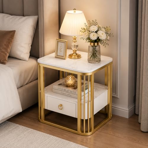Image of Style Round End Table with Storage, Drawer 2-Tier Shelf Nightstand Gold Metal Frame Marble Look Sofa Side Coffee Table for Living Room Bedroom Balcony Patio (White Gold)