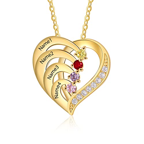 10K/14K/18K Gold Diamond Personalized Name Heart Necklace with 1-4 Birthstones Real Diamond Engraved 1-4 Names Pendant Jewelry Gift for Mom