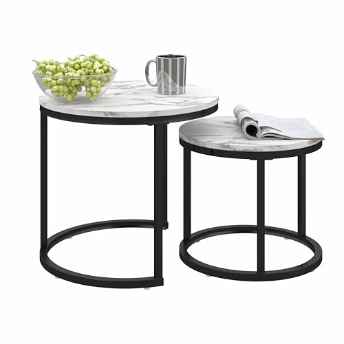 Ginhow Juego de 2 Mesas Auxiliares Salon, Mesa Redonda Blanca, Mesa de Centro Pequeña para Sofá Patas de Metal Negro, 50x45cm +40x35cm (Mármol Blanco+ Negra)