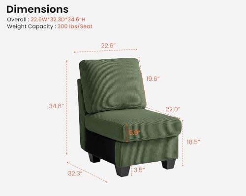 Image of CHIC HOUSE Modular Sectional Sofa with Storage Ottomans, Corduroy Cloud Couch for Small Spaces & Apartments, Reconfigurable L /U Shaped Convertible Corner Sofa, Green, Single Seater