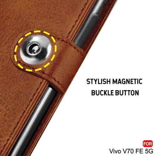 Image of TheGiftKart Genuine Leather Finish Flip Back Cover Case for Vivo V70 FE 5G | Inbuilt Pockets & Stand | Wallet Style | Designer Button Magnet Flip Back Cover Case (Faux Leather, Brown)