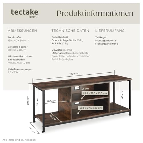 tectake® Industrial Lowboard, TV Ständer Regal, Kommode mit 4 offenen Fächern, 110/120 x 40 x 50,5 cm, Fernsehtisch, TV Board, Wohnzimmer Möbel, Sideboard - 120 cm, Industrial Holz dunkel, rustikal