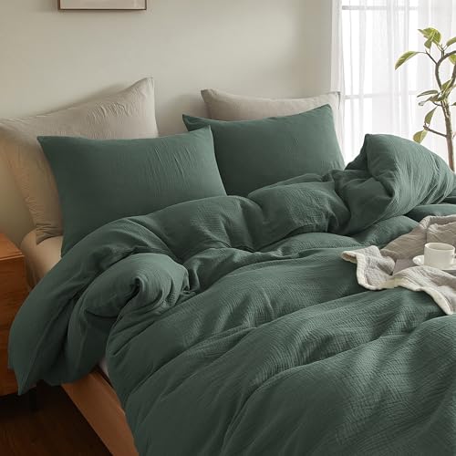 SE SOFTEXLY Muslin Duvet Cover King Size, 100% Washed Cotton Duvet Cover Set, Ultra Soft Comforter Cover Linen Like, 3 Pieces Minimalist Gauze Duvet Cover with 2 Pillowcases, 90"x104", Forest Green