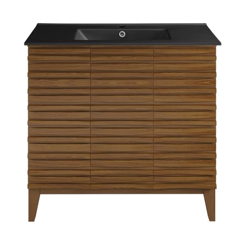 Image of Swiss Madison Cascade 36 in. Brown Oak Bathroom Vanity with Black Ceramic Sink Top