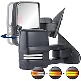 KUIPERAUTO Power Folding Towing Mirrors Compatible for 2014-2018 Chevy Silverado GMC Sierra, Power Adjustment Heated Side mirror w/White DRL Sequential Turn Light (Black)