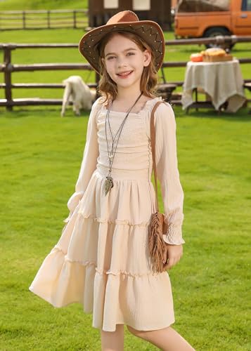 HOZIY Girls Long Sleeve Dress Ruched Smocked Tiered Ruffle A-Line Casual Boho Teen Dresses with Pocket Size 6-16 Years