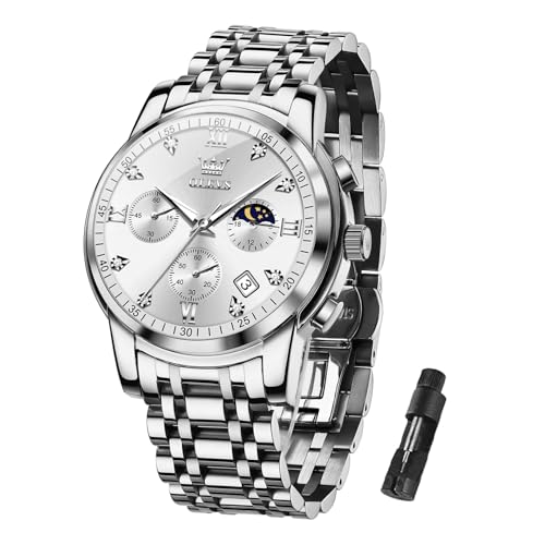 OLEVS Men's Watches Quartz Silver Stainless Steel Analog Chronograph Watch, Waterproof Classic Dial with Date Business Watches for Men