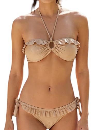 Maillot de Bain 2 Pièces Femme, Bandeau Halter avec Volants, Couleur Beige Doré, Mousse Intégrée, Tailles S et M (FR/ES, Alpha/Lettres, S, Taille Normale,...