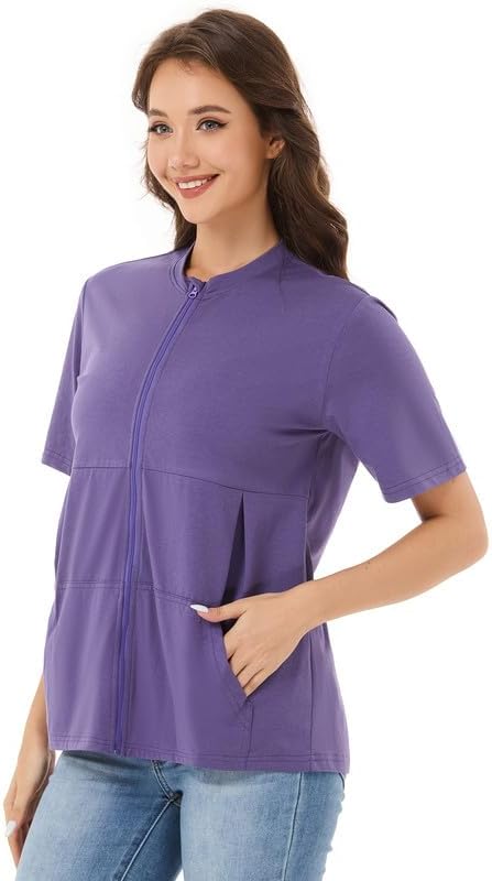 Post Surgery Mastectomy Shirt with Drain Pockets – Women’s Short Sleeve Zip Front Recovery Top with Elastic Pouches - Image 5