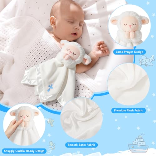 Image of Lamb Baptism Blanket, Lamb Loveys for Baby Boys, Security Blanket with Embroidered Blue Cross, Soft Baby Blanket for Newborns Toddlers, Baptism Gifts for Christening Baby Showers, 12in
