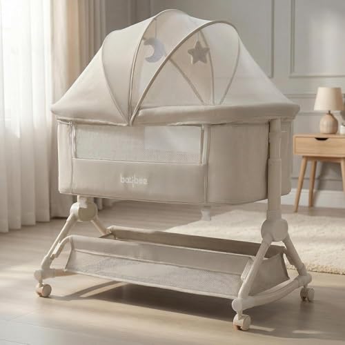 Baybee Baby Crib Bassinet Bedside Sleeper | 4 Adjustable Height Cosleeper for Portable Cradle Newborn Infant Swing with Rocking Mode Mosquito Net Storage Basket Wheels (Beige)