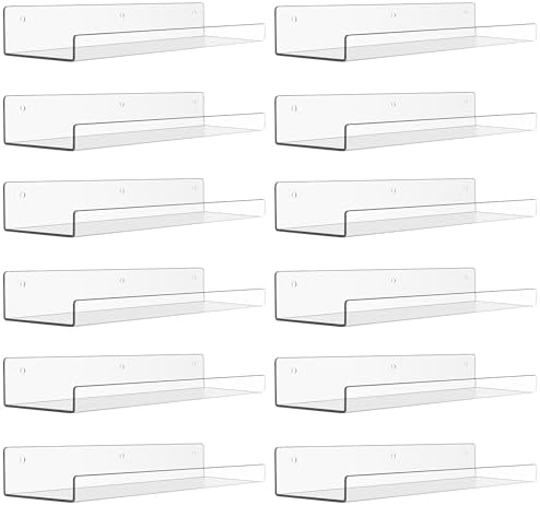 upsimples 12 Pack Acrylic Shelves Wall Organizer and Storage, 15" Display Shelf for Figure, Toy Cars, Perfume, Kids Bookshelf for Bedroom, Nursery, Craft Room, Clear