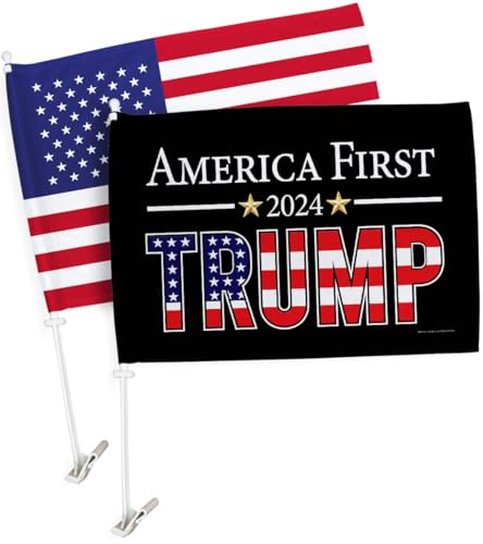 Ornament Collection America First Trump Flag for Car American Bandera para Carros Window Clip Pole Mount Kit 2024 Poster President 47 Auto MAGA Sign Outdoor Decorations, Republican Gift Made in USA