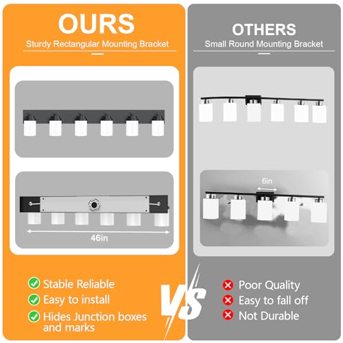 Image of IZORRO Bathroom Vanity Light Fixture, 6-Light 46 Inch Matte Black Bathroom Light Fixtures Over Mirror, with White Glass Shade, Modern Farmhouse Vanity Lights, Rustic Restroom Lighting Fixtures