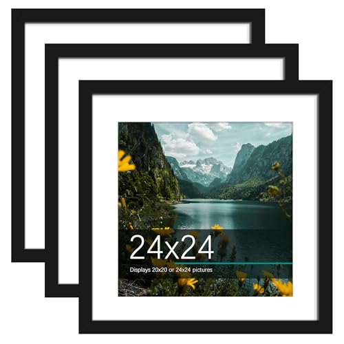 Picrit 24x24 Picture Frame 3 Pack Black Poster Frame Display Poster 20 x 20 with Mat or 24 x 24 without Mat for Horizontal or Vertical Wall Mounting