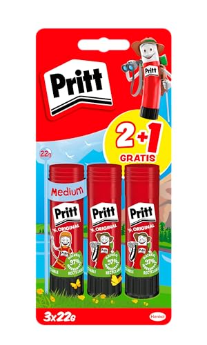 Pritt Barra Adhesiva, pegamento infantil seguro para niños para manualidades, cola universal de adhesión fuerte para estuche escolar y oficina, 2+1 x 22 g Pritt Stick
