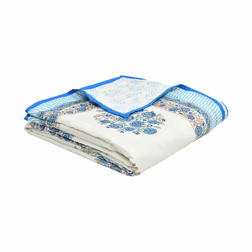Image of BLOCKS OF INDIA Hand Block Printed Cotton Single Size Reversible Malmal Dohar for Summer (Blue Rose)