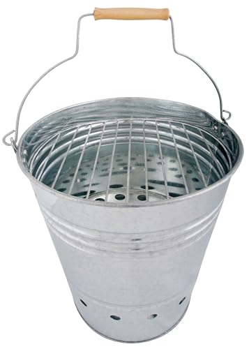 Esschert Design BBQ Eimer, Grilleimer, Grillkübel, Feuerkübel mit Griff, Holzelement am Griff, 34 cm hoch, Ø 30,5 cm