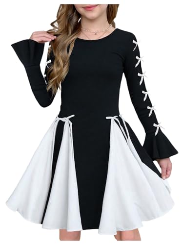 Verdusa Girl's Coquette Bow Dress Colorblock Flare Sleeve Short Flowy Dresses